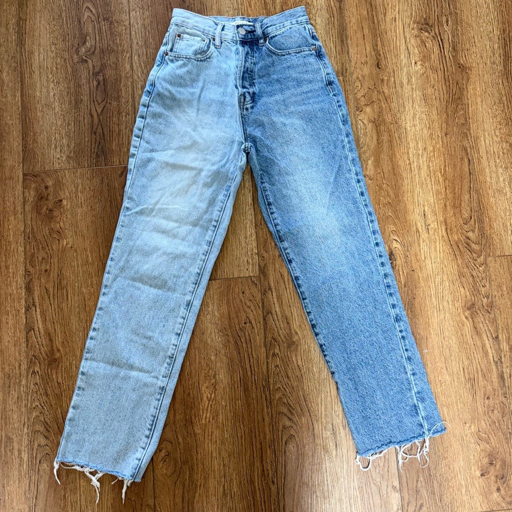 PacSun‎ Two Tone Denim Dad Jeans High Waisted Button Fly Raw Hem Size 24 Grunge